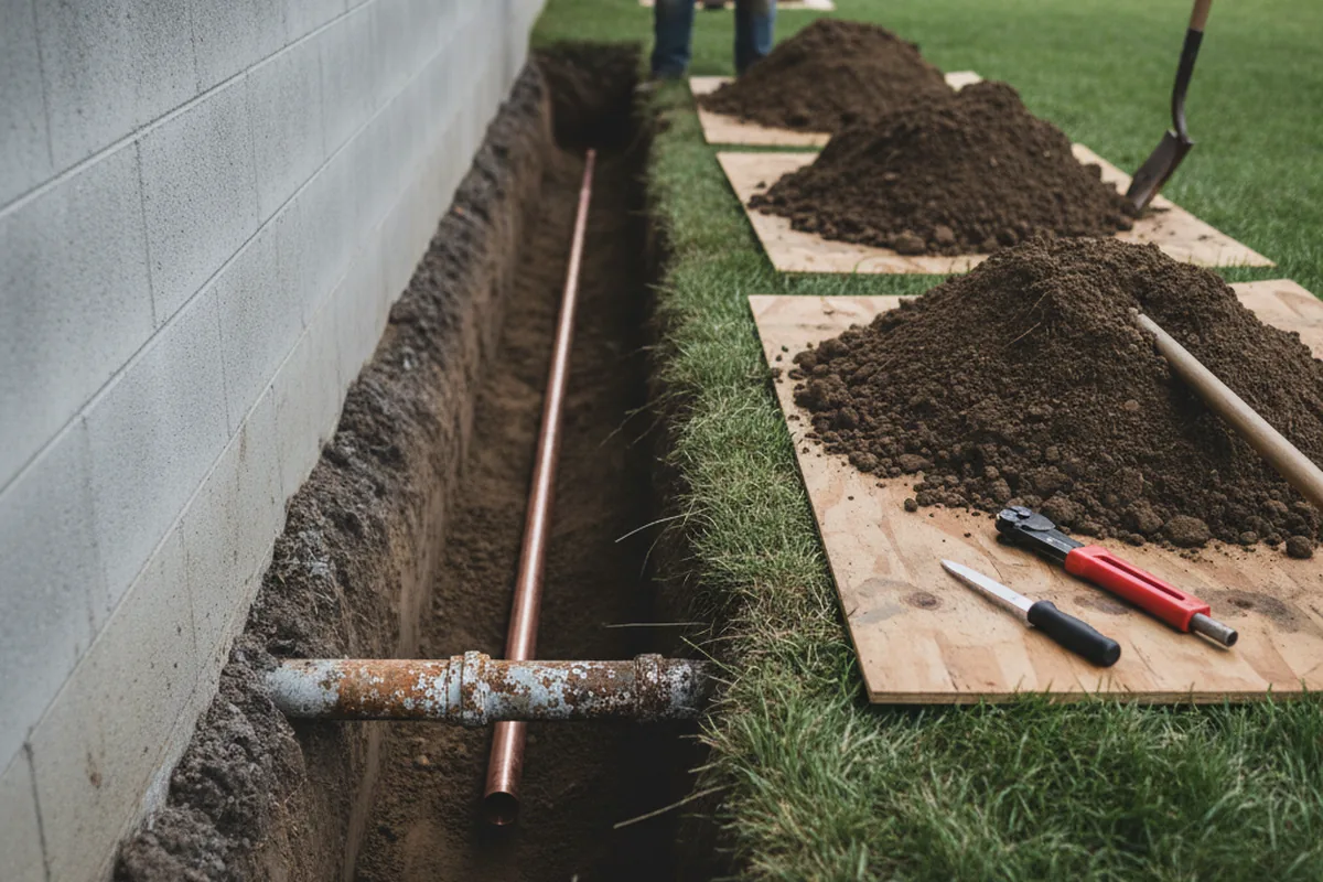 Excavated water line trench during Water Softener Installation in Colon